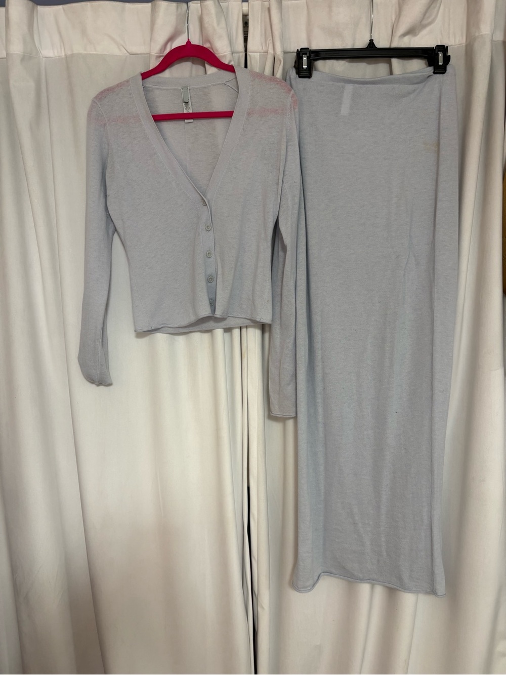 SKIMS- Light dusty blue V-Neck Button Cardigan & Maxi Skirt Loungewear Set